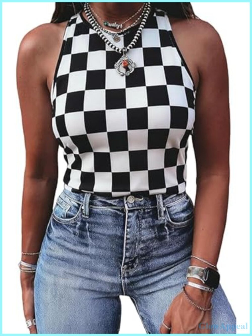 SELINK Checkerboard Slim Fit Summer Sleeveless Tank Top Womens